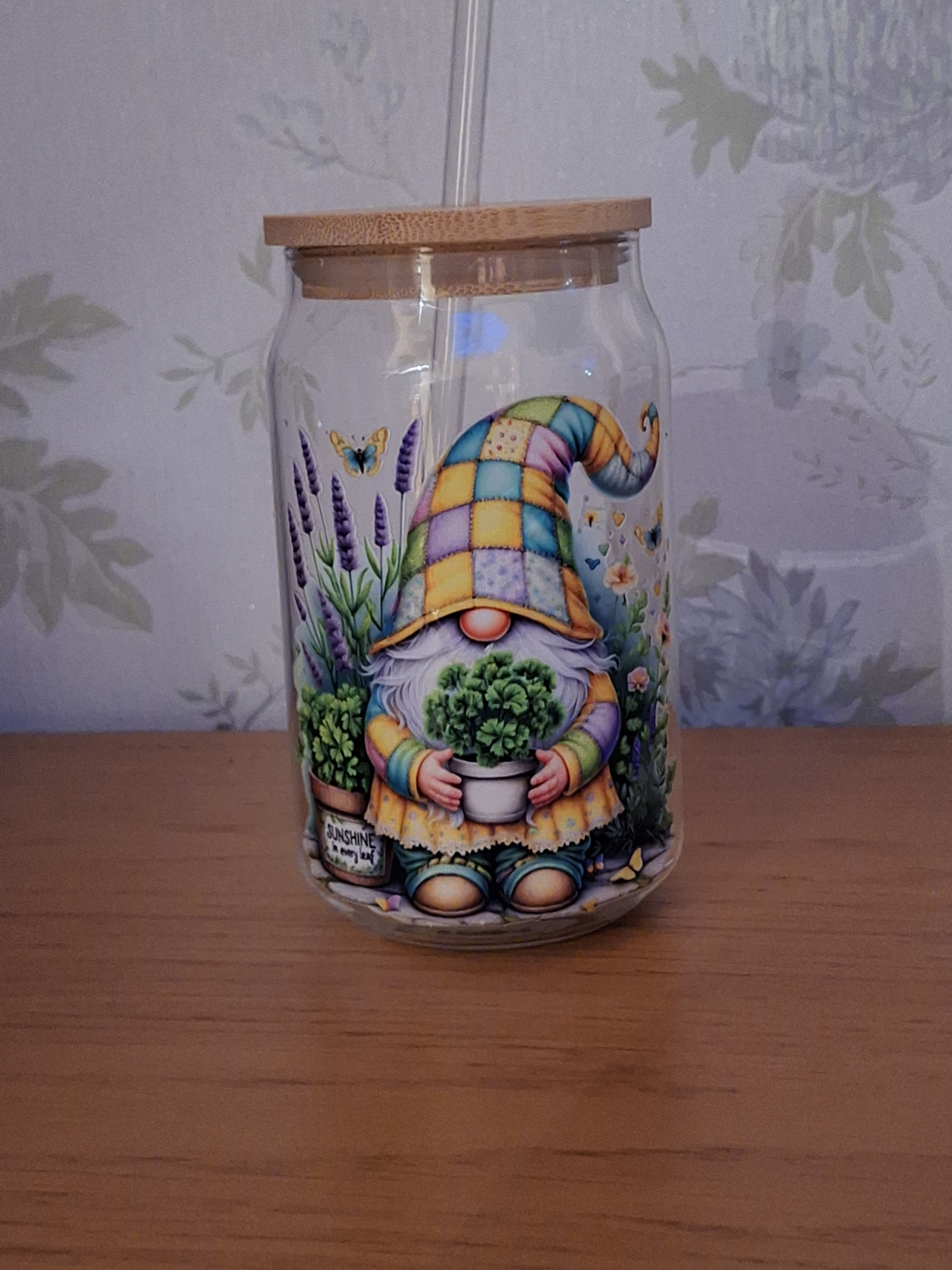 Spring time gonk glass cup with bamboo lid