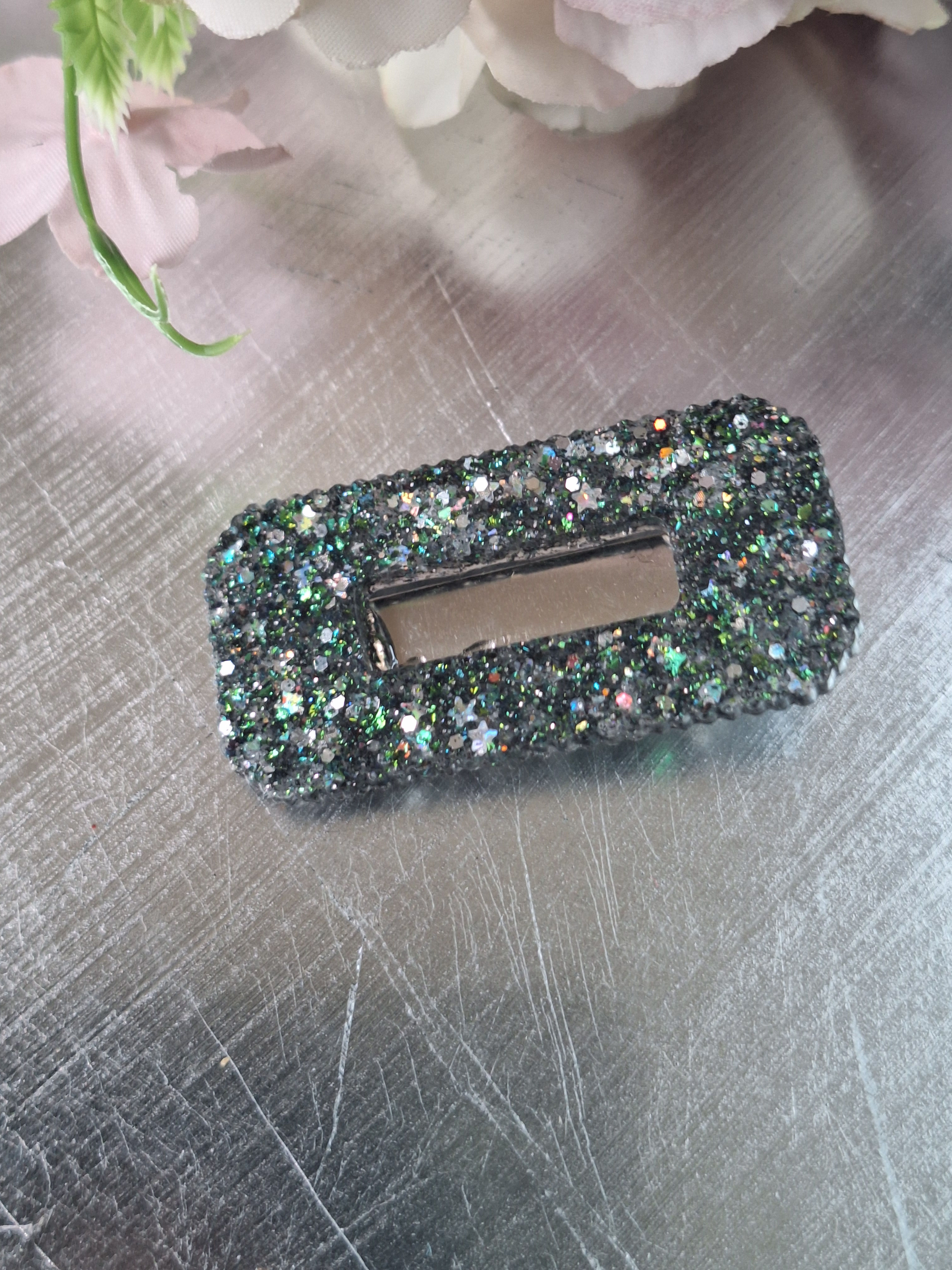 Handmade green and silver glitter  mini hair- clip