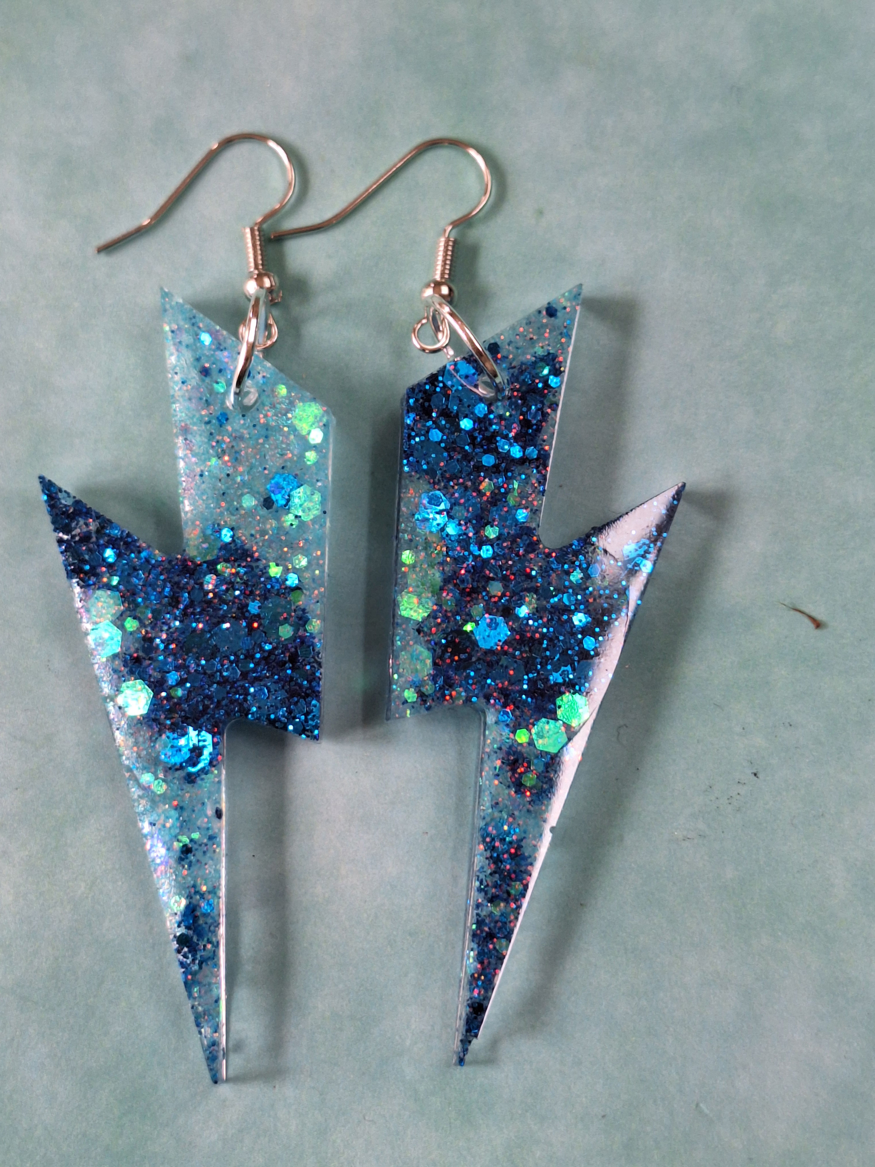 Light and dark blue  glitter large lightning bolt earrings