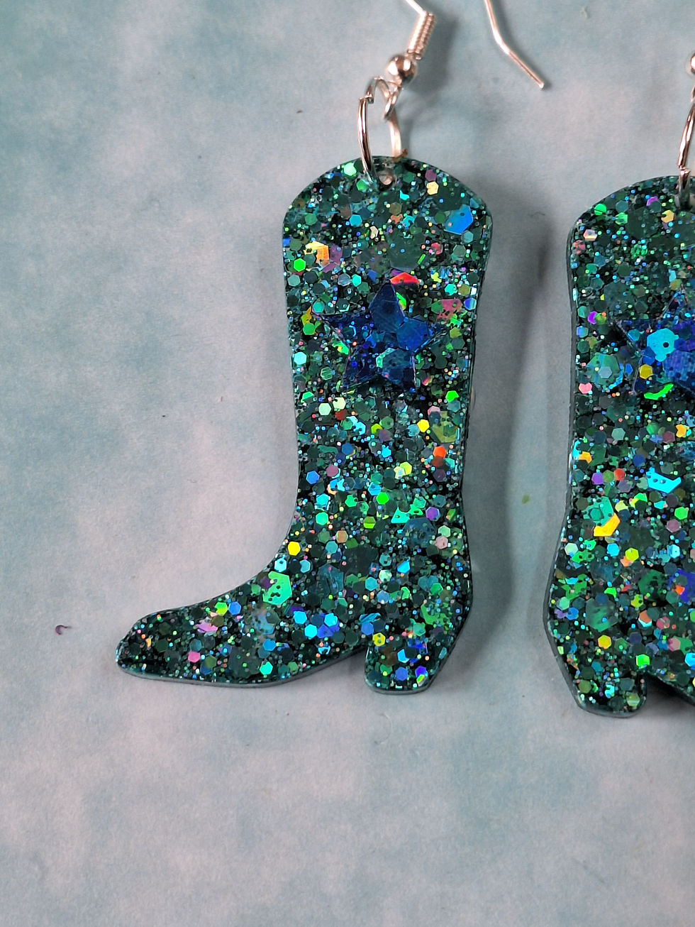 Thumbnail: Handmade aqua glitter cowboy boot  earrings