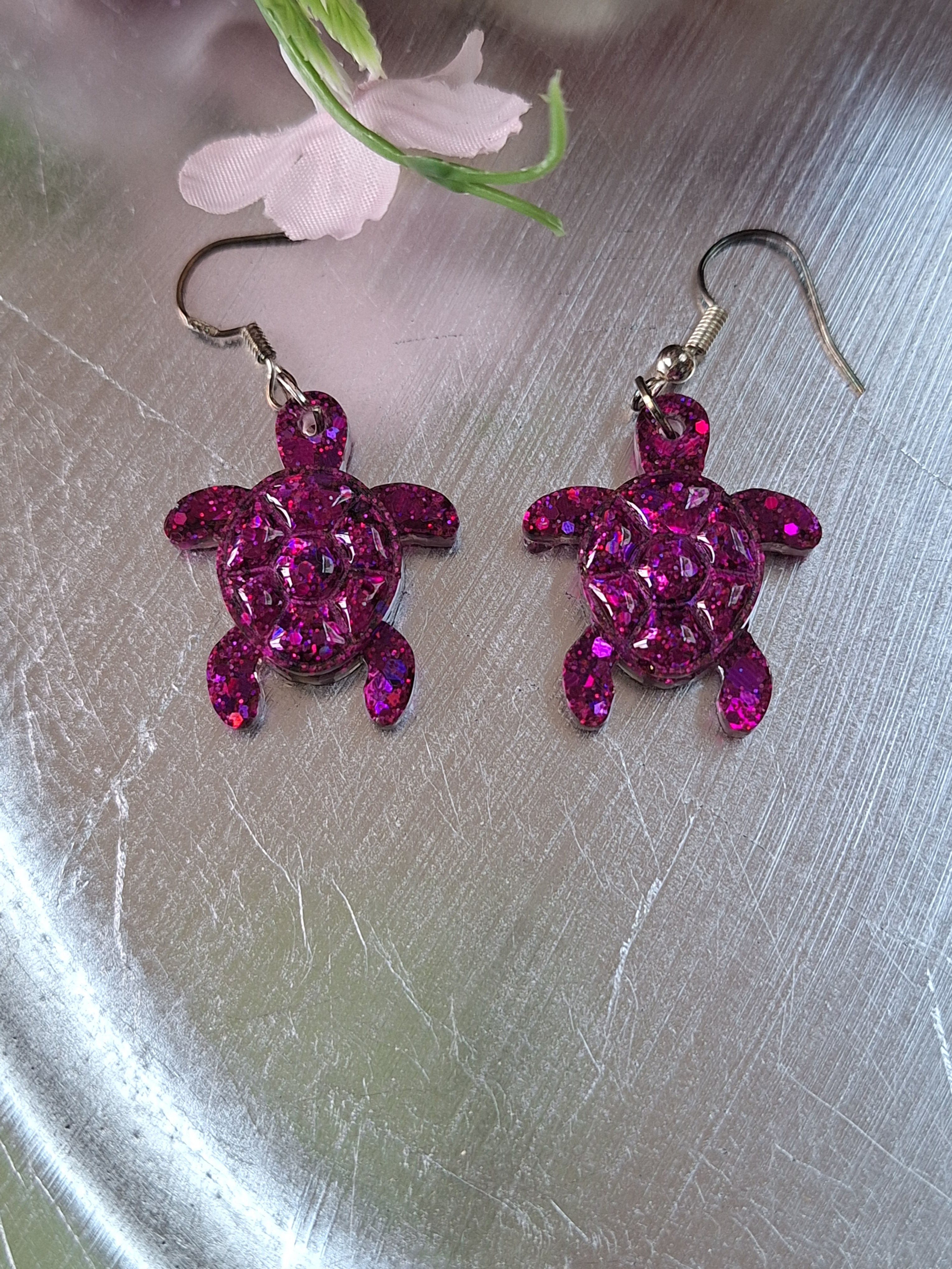 Handmade purple glitter turtle earrings