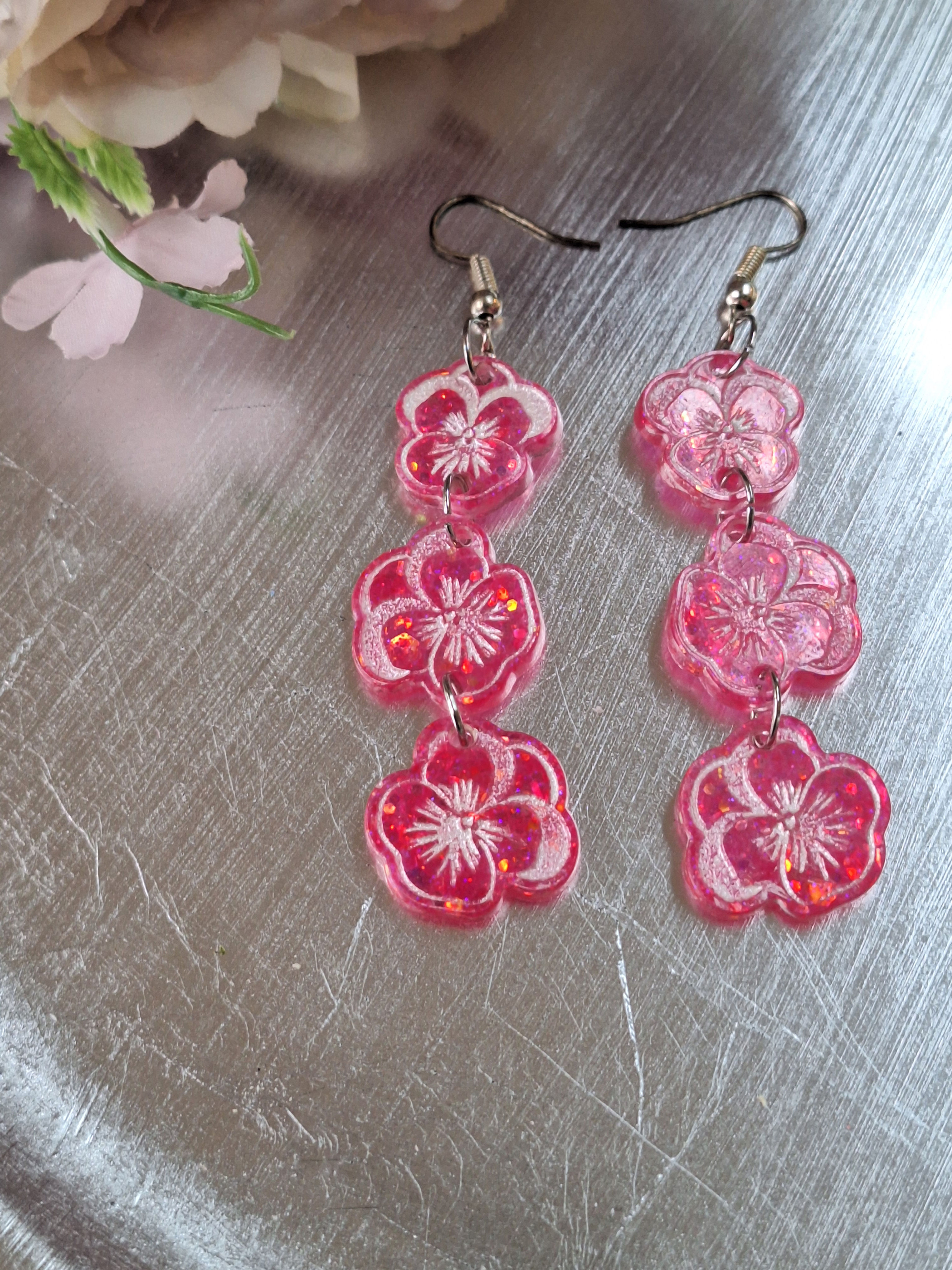 Handmade hot pink glitter  dangle earrings