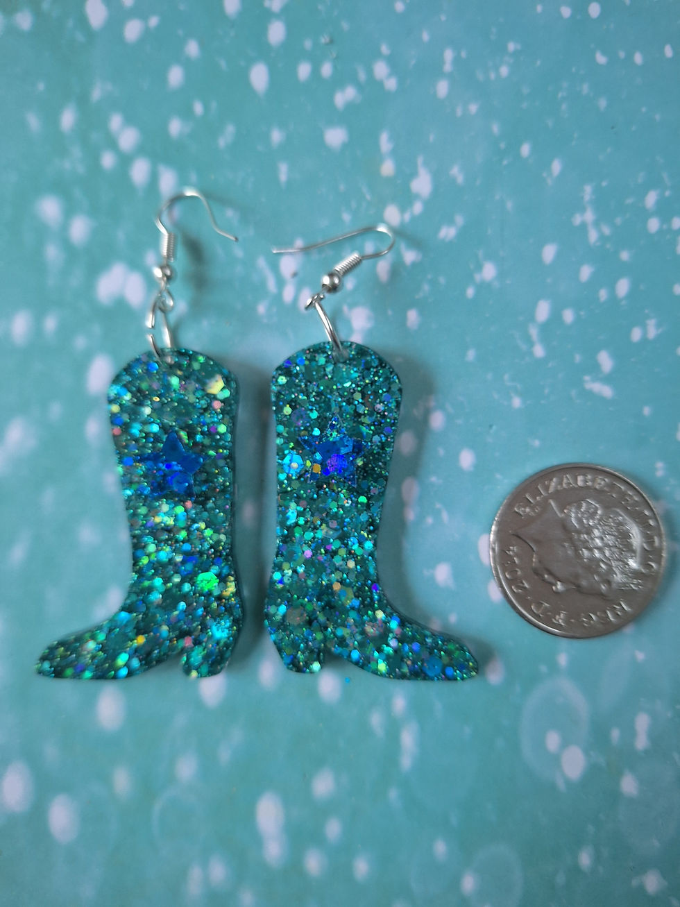 Thumbnail: Handmade aqua glitter cowboy boot  earrings