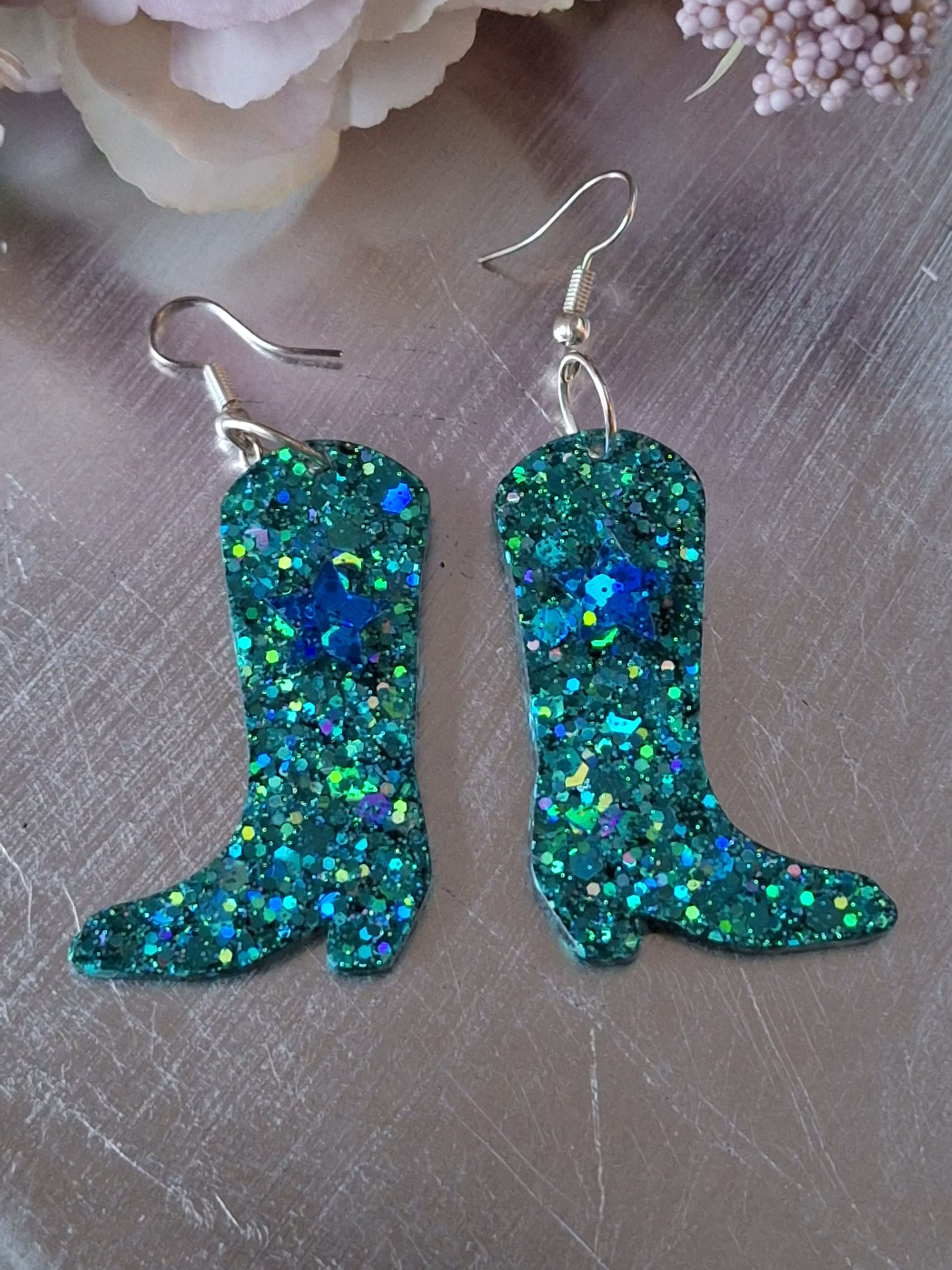 Handmade aqua glitter cowboy boot  earrings
