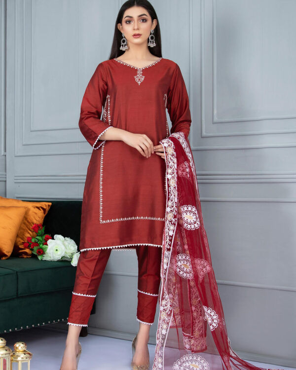 Thumbnail: KSR003 – Red Raw Cotton Straight 2 Piece Embroidered