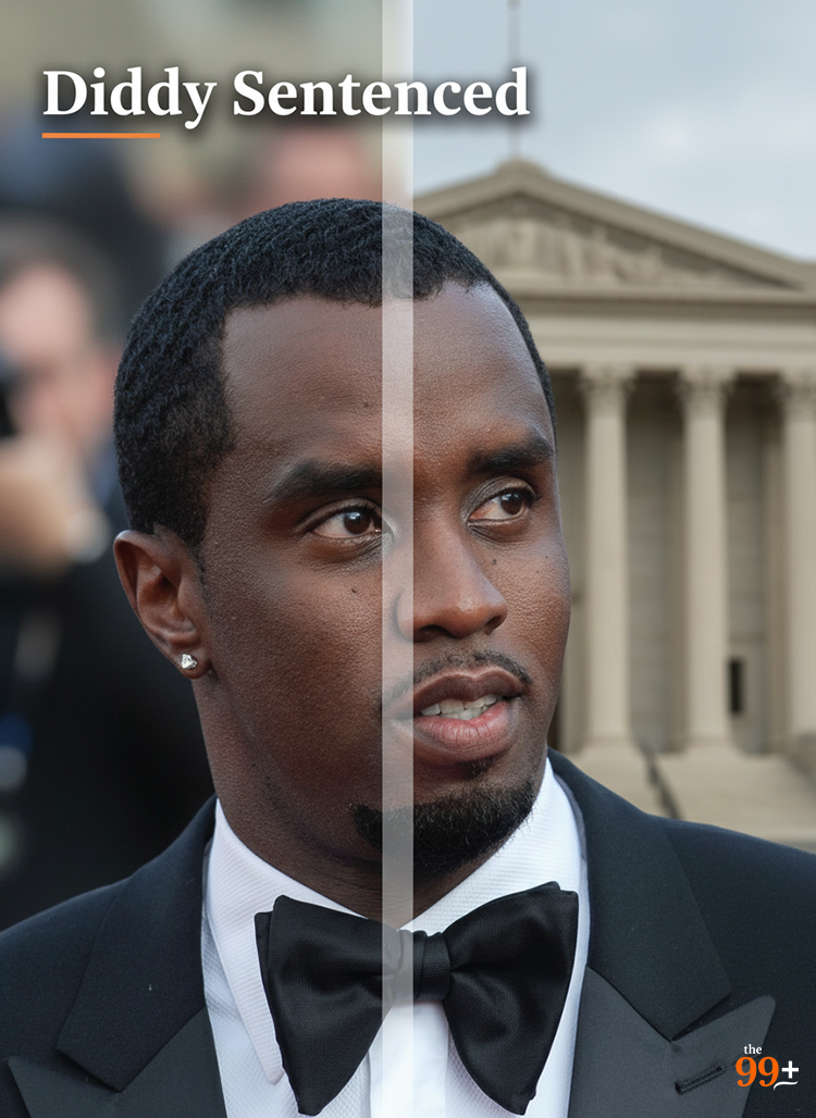 Portrait of Sean “Diddy” Combs beside a courthouse facade — news report on sentencing.