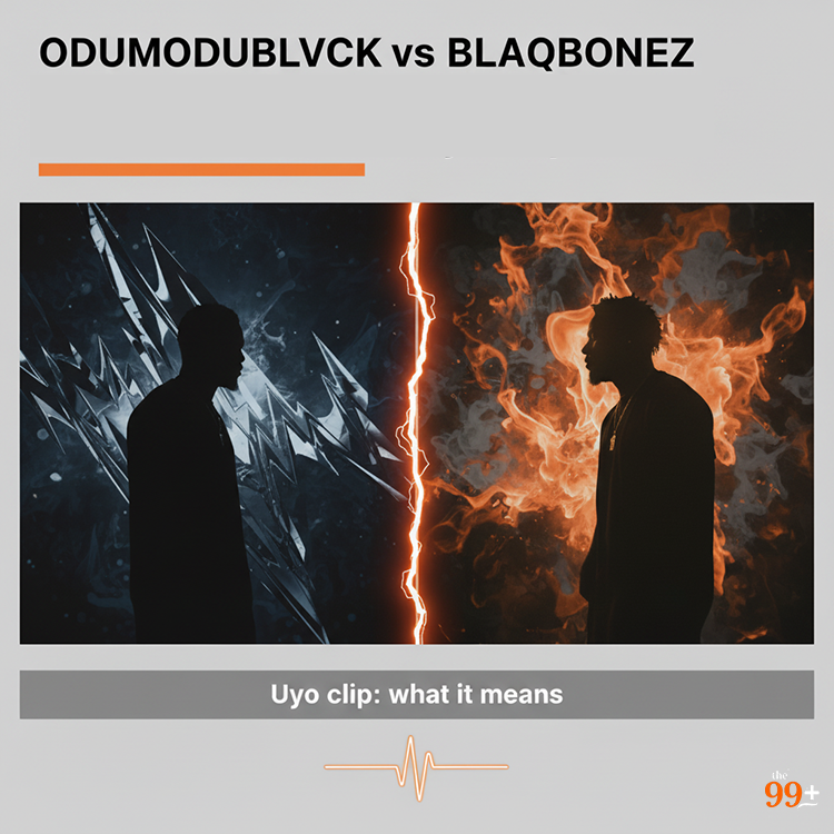 Split-image: two rappers in profile — symbolizing the public confrontation between Odumodublvck and Blaqbonez’s team.
