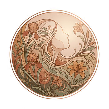 Art Nouveau circular illustration of a woman's profile framed by blooming flowers in warm earthy tones, representing personal transformation.