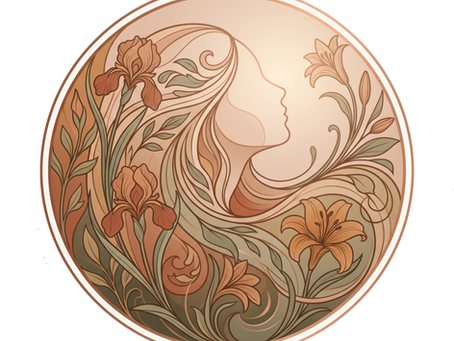 Art Nouveau circular illustration of a woman's profile framed by blooming flowers in warm earthy tones, representing personal transformation.