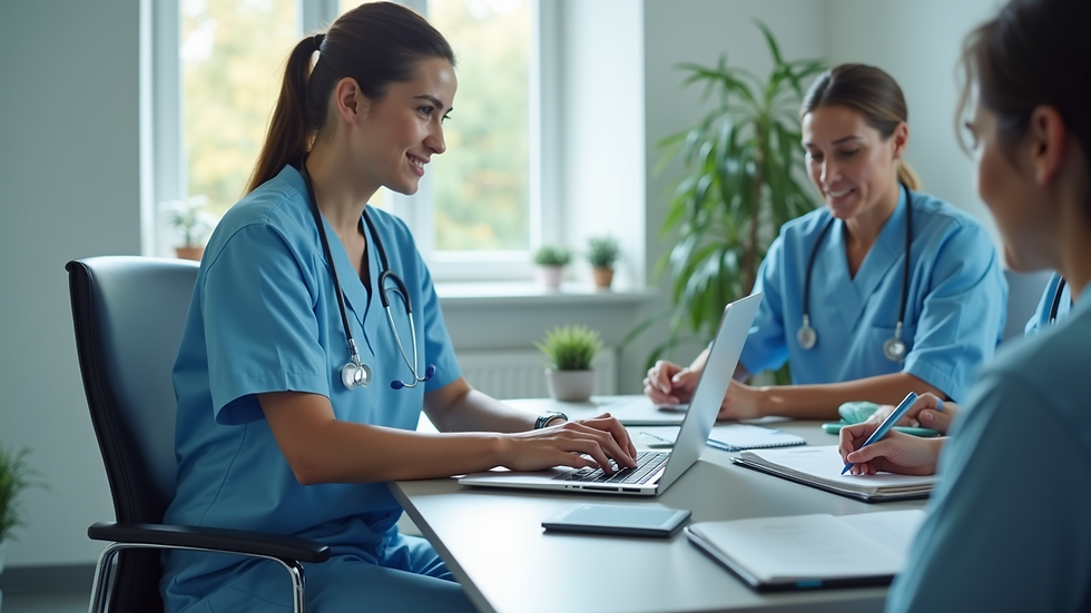 High angle view of a healthcare professional typing on a laptop in a clinical setting
