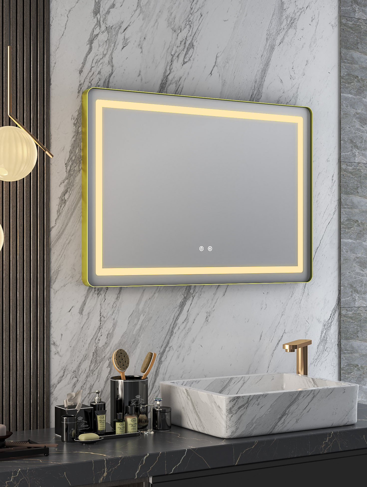 Framed Rectangle Offset LED Mirror