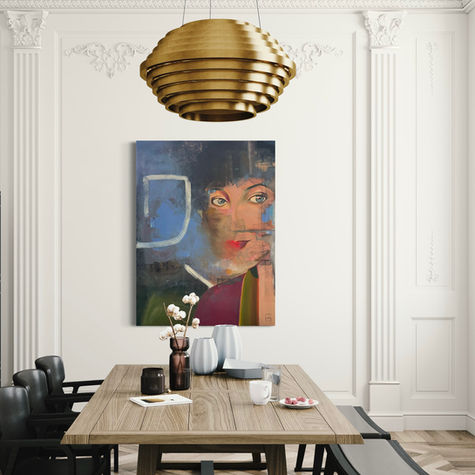 Porträtgemälde einer Frau mit blauen und warmen Farbschichten