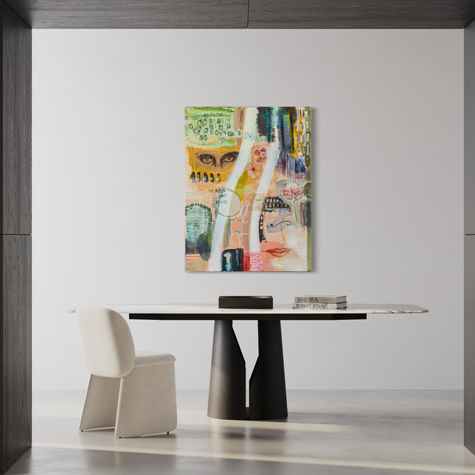 Abstraktes Gemälde mit Gesichtern und Collage