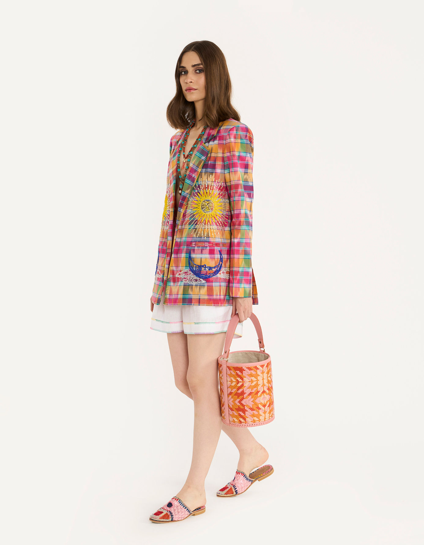 The Rainbow Ikat Checks Blazer With Sun & Moon Embroidery