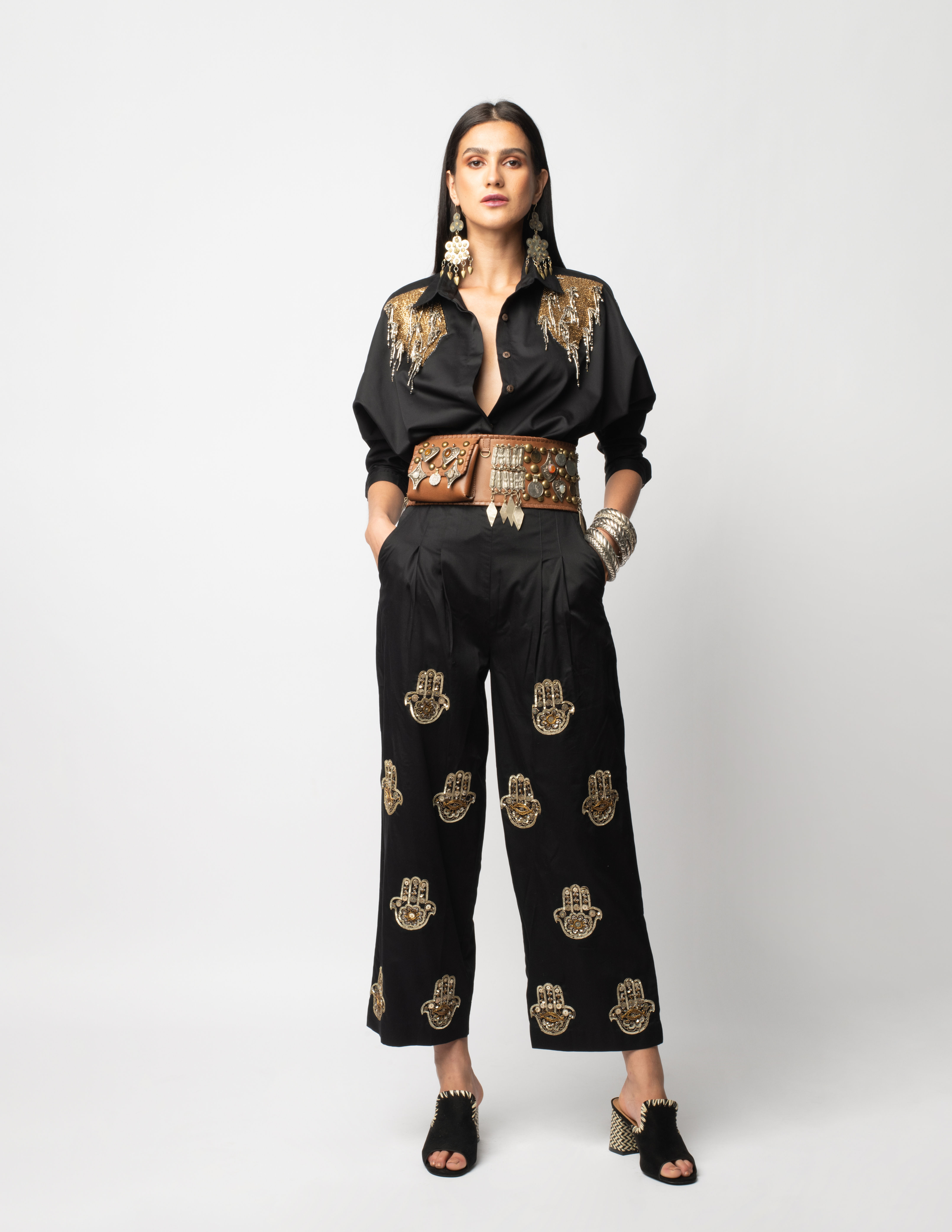 Black Pleated Trousers with Embroidered Hamsa Motifs