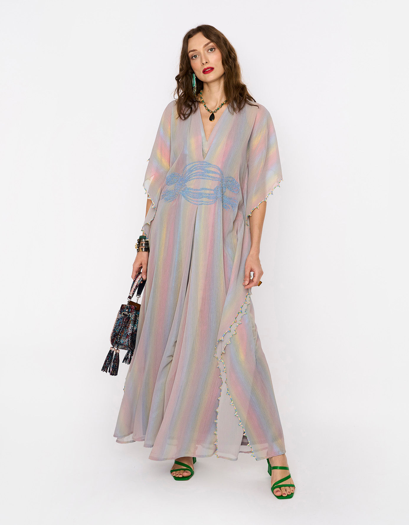 The Rainbow Sheen Double V Neck Scalloped Kaftan W Hand Embroidered Knots