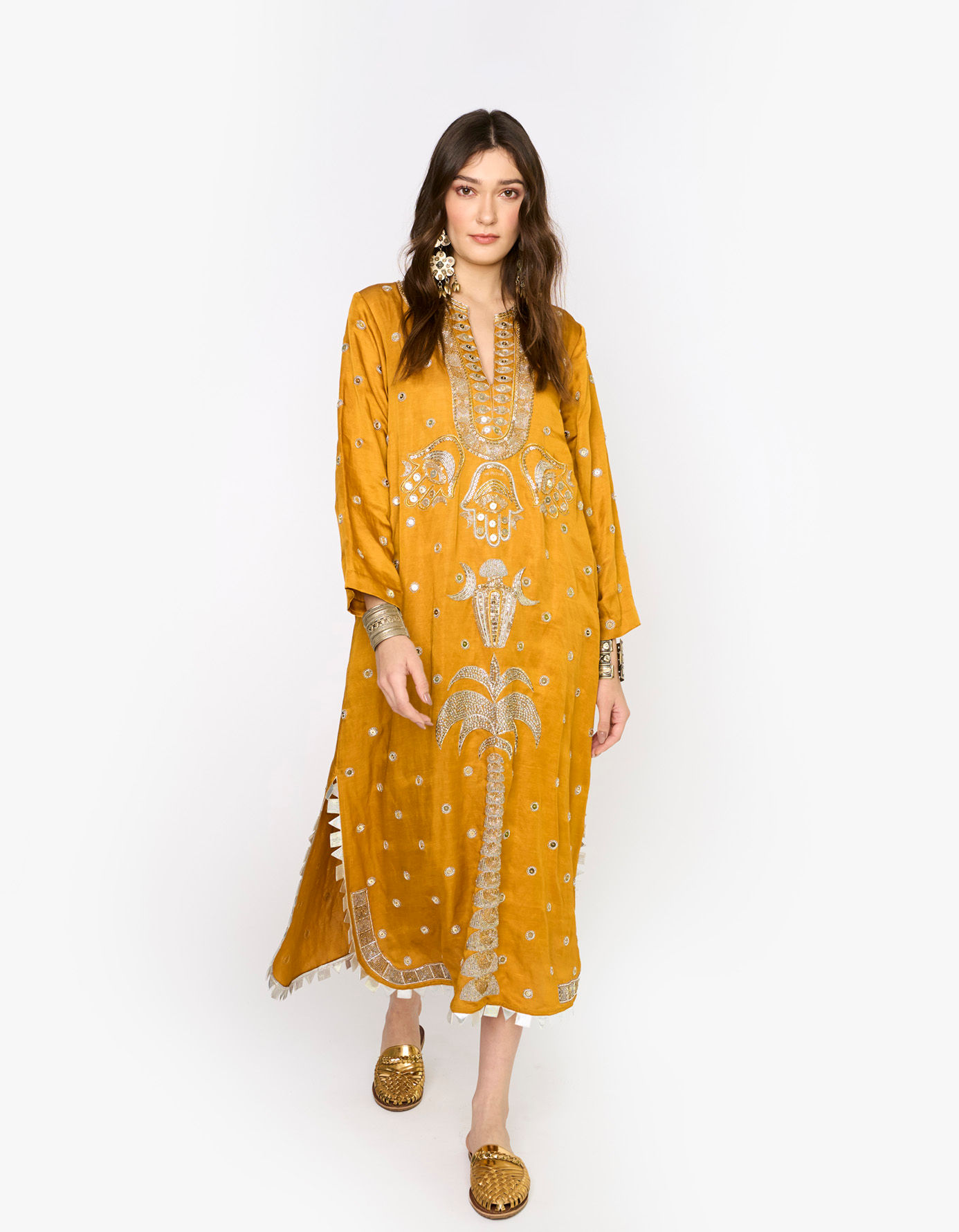 Hamsa & Palm Long Column Dress in Yellow Ochre