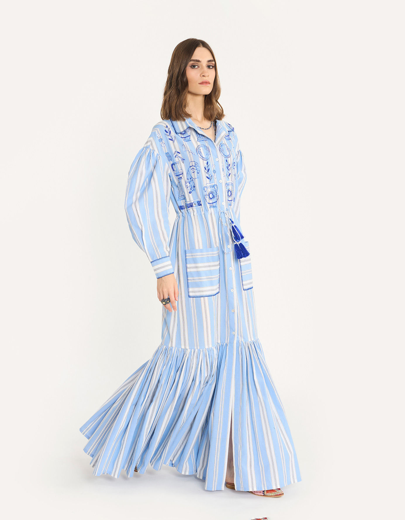 The Summer Long Dress With Drawstring & Embroidered Greek Motifs