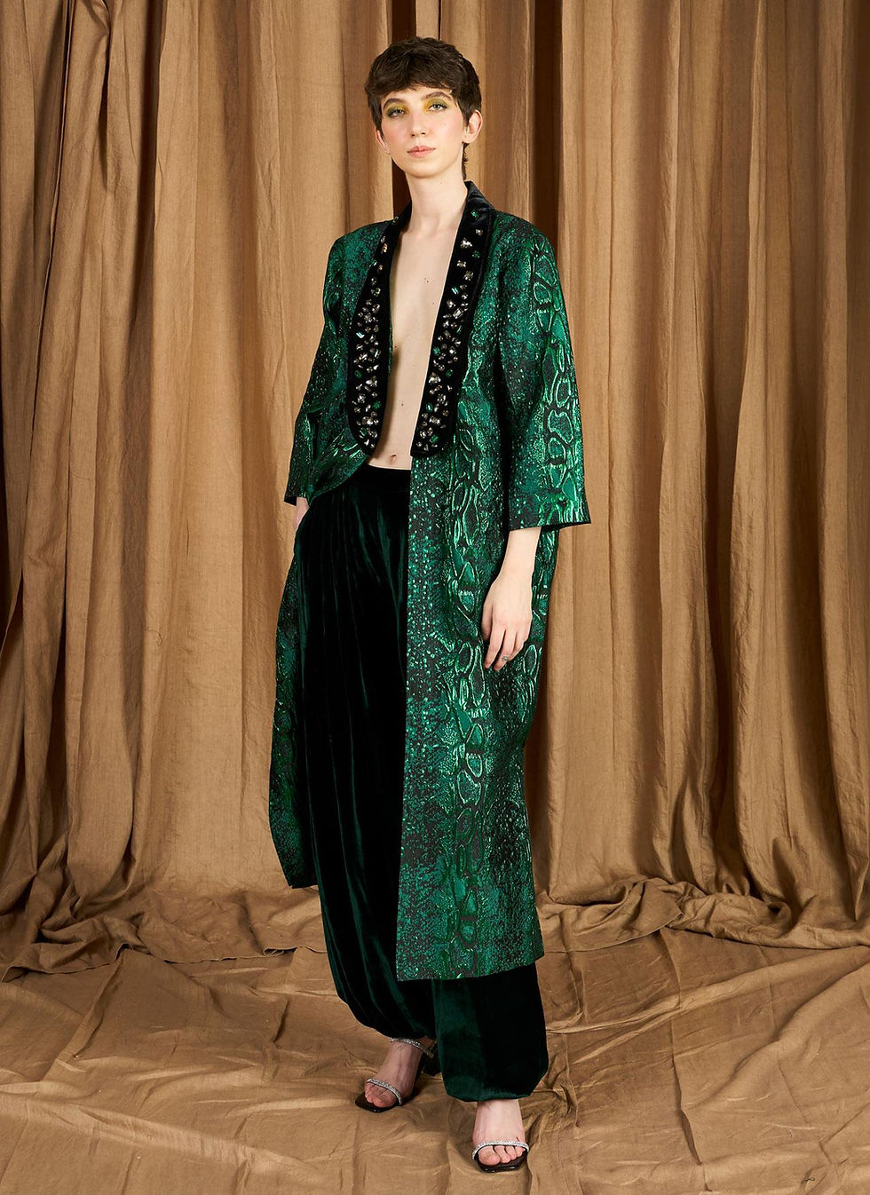 The Long Jacquard Coat With Bejewelled Collar