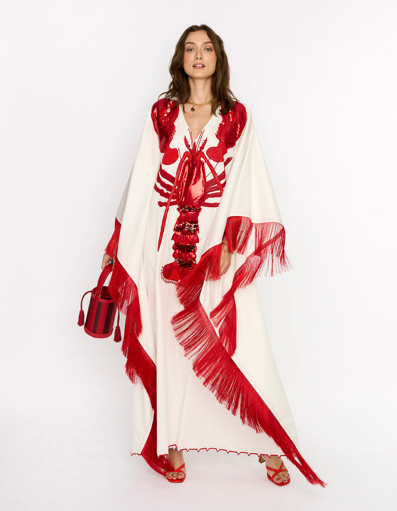 The Lobster Embroidered Kaftan With Tassel Lace & Scalloping Detail