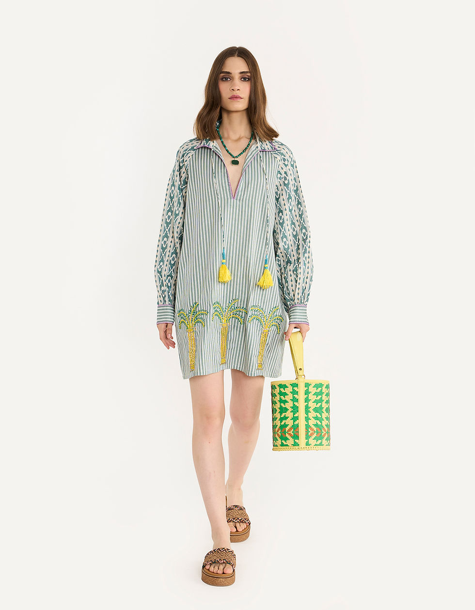 The Teal Printed Ikat Summer Shift Dress With Embroidered Palm Trees
