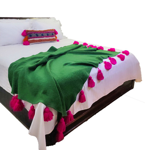 Green Michelle Bed Throw with Fuschia Tassel Throwpillow
