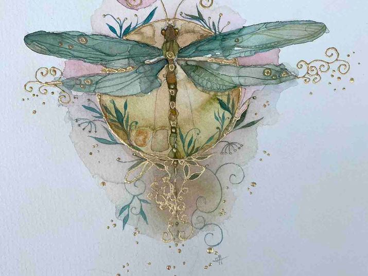 Green and sparkling gold dragonfly illustration