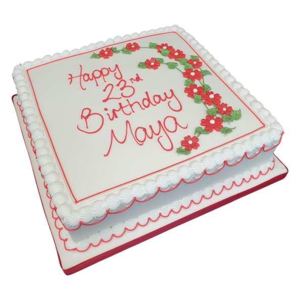 A 14" square cake adorned with delicate flowers, perfect for any celebration.