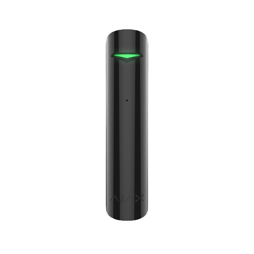 Black cylindrical device with green light, white background. Addressable 714/001/115