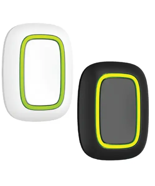 Two smart home devices, white and black with lime green outlines AA2000.