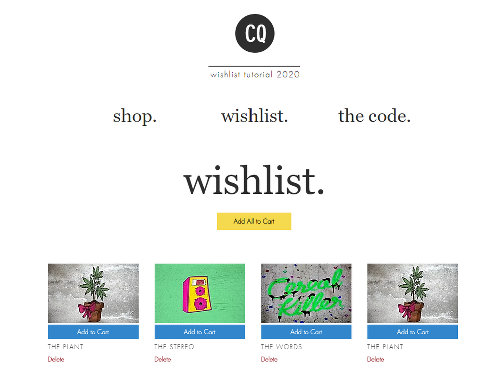 Creating a Wishlist using Wix Stores with add to cart function