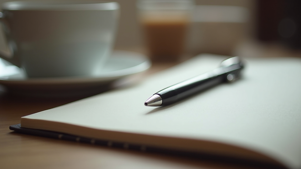 Close-up view of a notebook with a pen and a cup of coffee