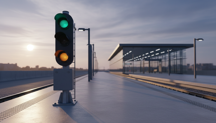 Wide-angle view of a train signal glowing beside an empty platform.