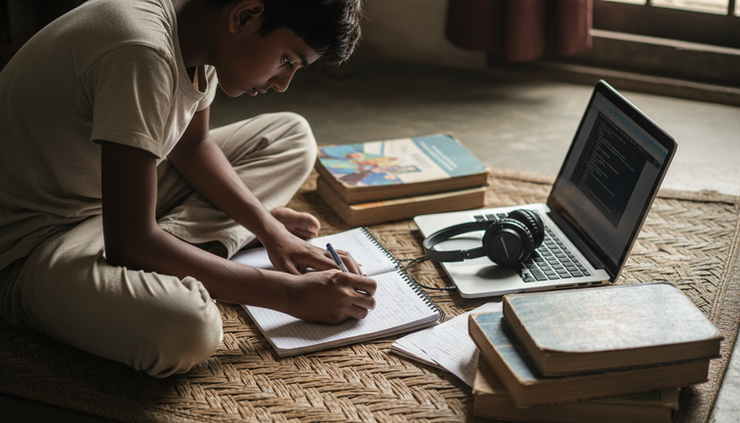 Close-up view of a student writing notes beside a low-cost laptop and headphones