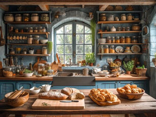 Rustic kitchen scene with sourdough and natural light – slow living, cooking at home during social media detox
