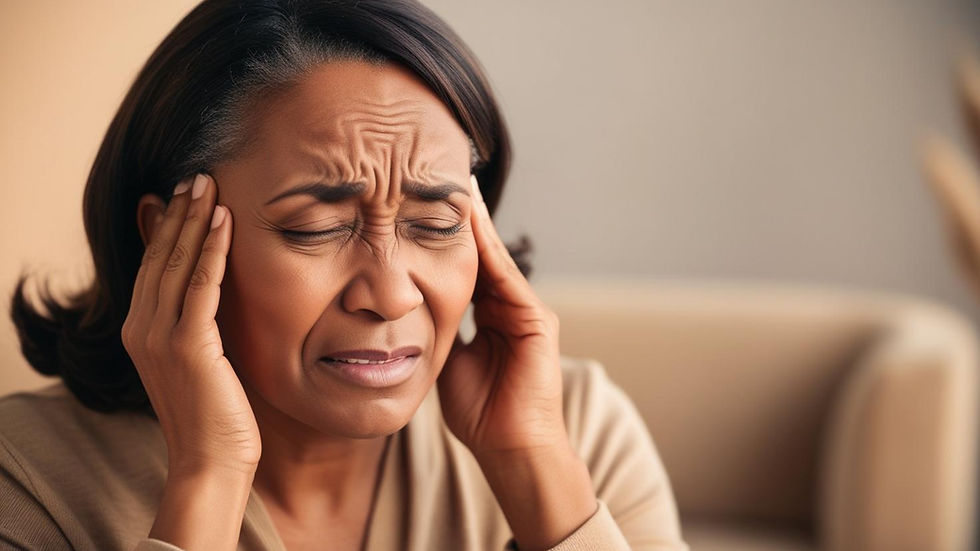 A woman in her 40s or 50s holding her head in discomfort, showing signs of a hormonal headache or perimenopause-related symptoms like brain fog or stress.