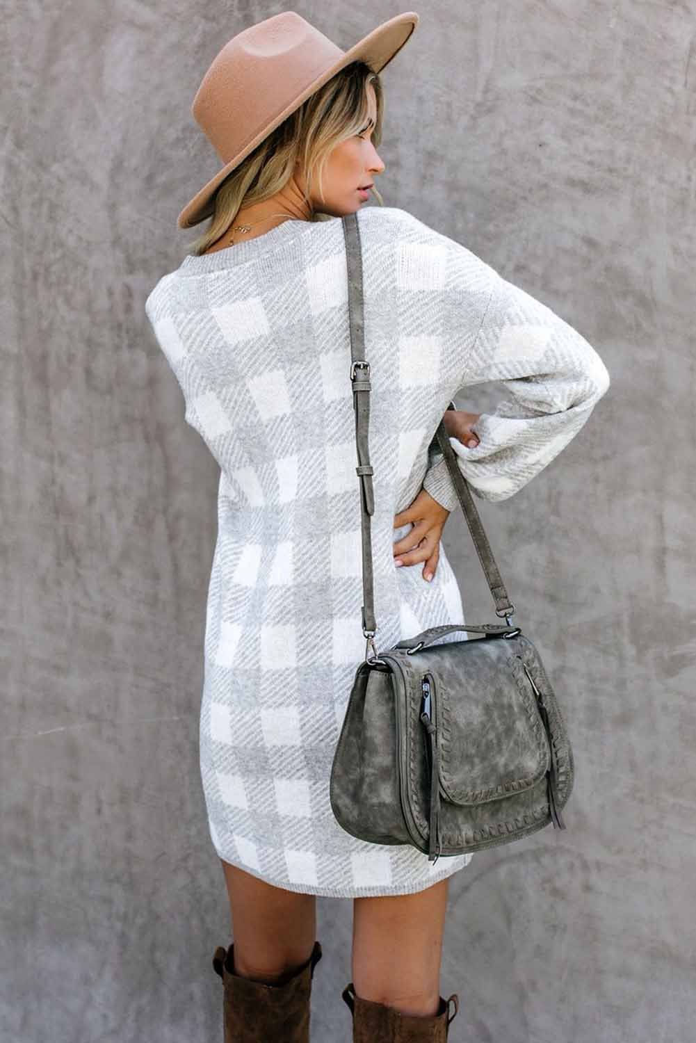Gingham Balloon Sleeve Sweater Dress
