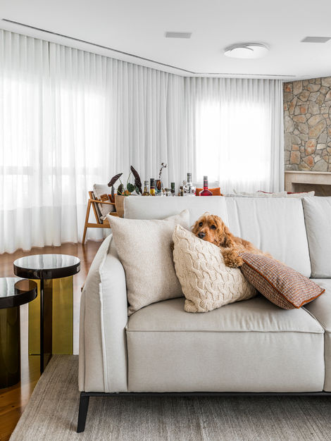 sala de tv em tons claro, sofá bege, objetos em tons terracota e um cachorro sentado no sofá