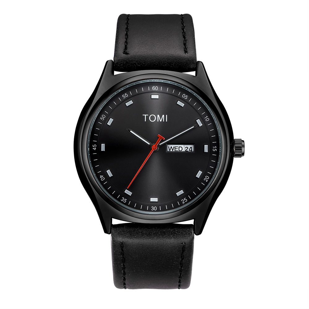 Minimalist Quartz Watch with black dial and leather strap