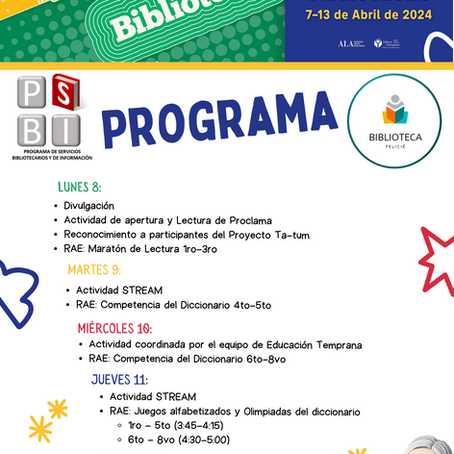 La Biblioteca Felicié te invita a participar de las actividades de la Semana de la Biblioteca 2024...