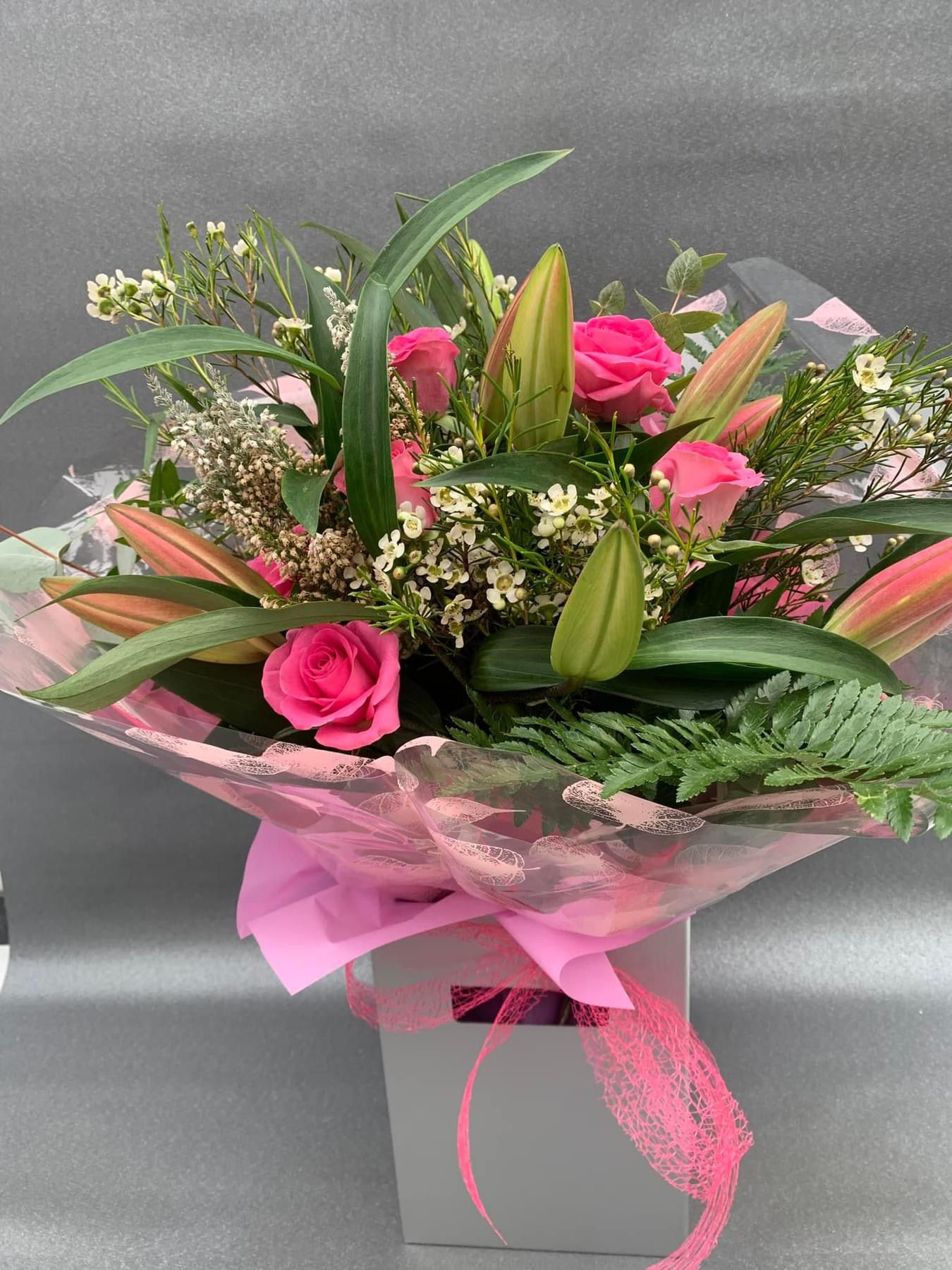 Lily and pink rose celebration box.