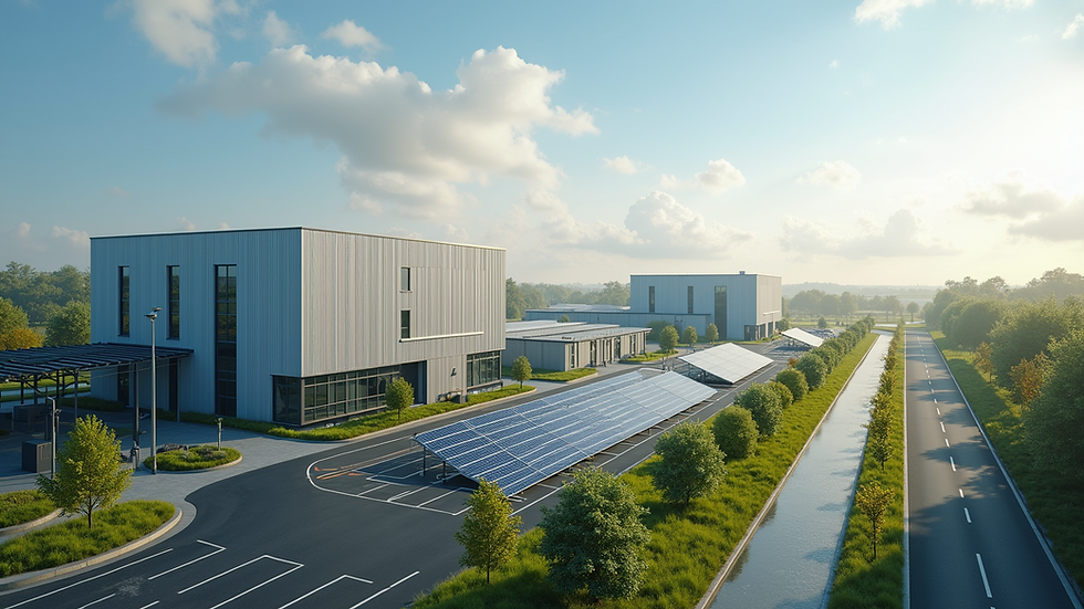 High angle view of a business park with renewable energy installations