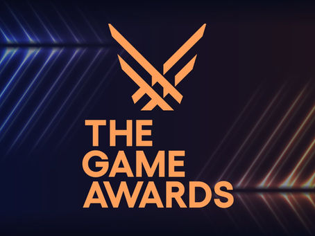 The Game Awards text on a dark background is glowing diagonal blue and orange lines
