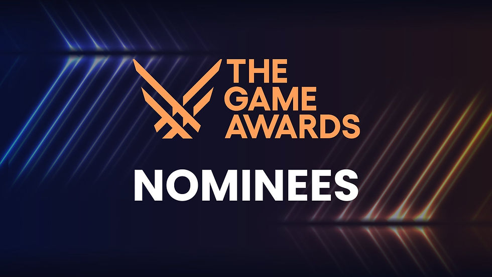 The Game Awards Nominees text in bold with logo on a dark background featuring diagonal glowing lines in blue and orange.