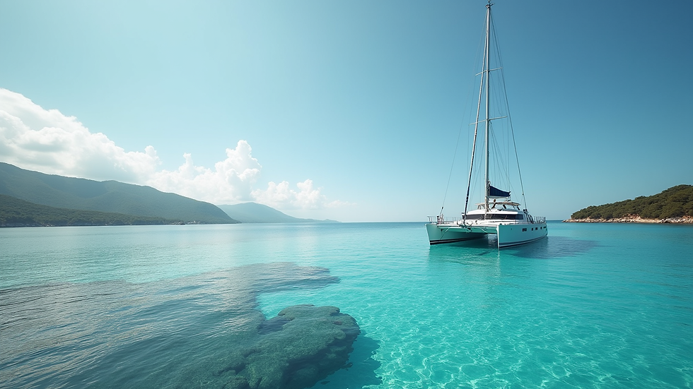 Wide angle view of a catamaran anchored in a tranquil bay