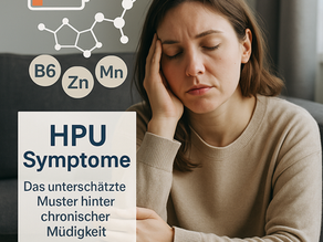 Fotorealistisches Porträt einer nachdenklichen, müden Frau im seitlichen Licht. Darüber liegen transparente Icons für niedrige Energie, Vitamin-B6-, Zink- und Manganmangel sowie Molekülstrukturen – visuelle Darstellung typischer HPU Symptome.