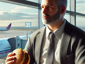 Ein Geschäftsmann am Flughafen der Fast Food iist.