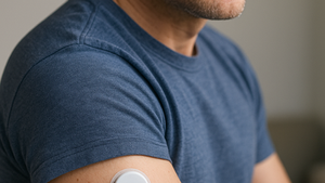 Nahaufnahme eines Mannes mit einem Blutzuckersensor (CGM) am Oberarm; fotorealistisches Bild zur Veranschaulichung der kontinuierlichen Glukosemessung bei Gesunden.
