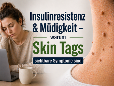Infografik zu Insulinresistenz und Müdigkeit: links müde Frau am Laptop, rechts Hautanhängsel (Skin Tags) am Hals mit Hinweis auf sichtbare Symptome