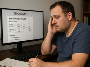Ein Mann blickt auf den Monitor mit dem Ergebnis einer Ernährungsanalyse mit KI Chatbot ChatGPT.